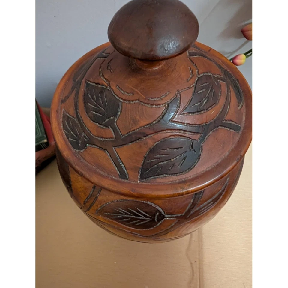 Tarro de madera tallado vintage con tapa caja de baratijas boticario contenedor de almacenamiento decoración Foto 2 de 4