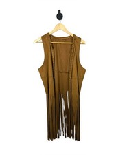 Brown Suede Fringe Western Boho Vest Long Open Front Duster Size L