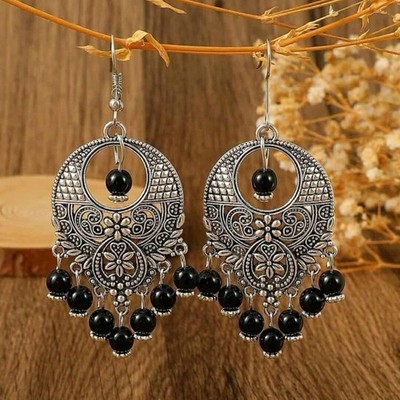 Boho 925 Sterling Silver Vintage Style Tibetan Tibet Dangle Drop Hook Earrings
