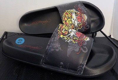 Ed Hardy Roaring Tiger Sport Slide Sandals Mens 10 Black Graphic New