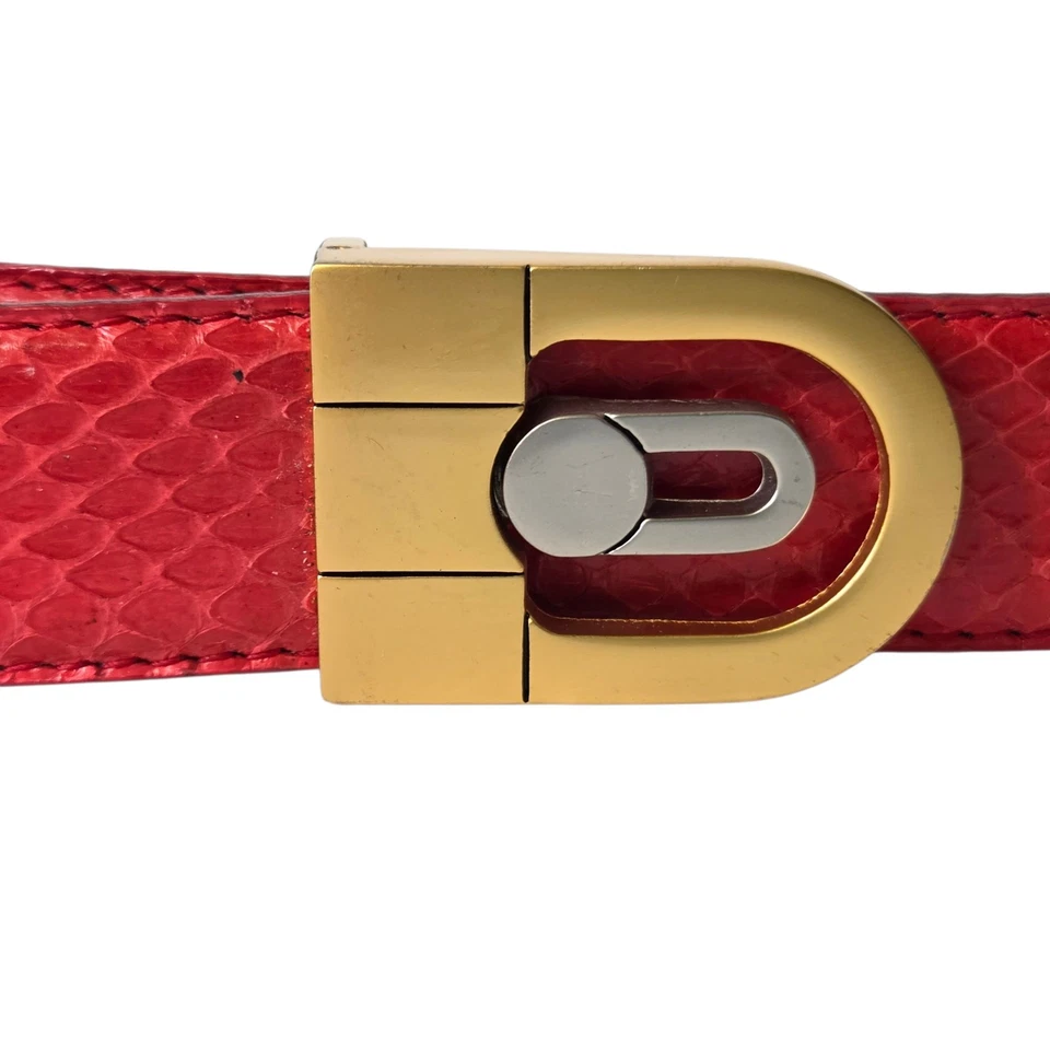 Cinturón de piel de serpiente genuino rojo vintage para mujer cinturón con hebilla de metal dorado 37" - 41" Foto 3 de 4