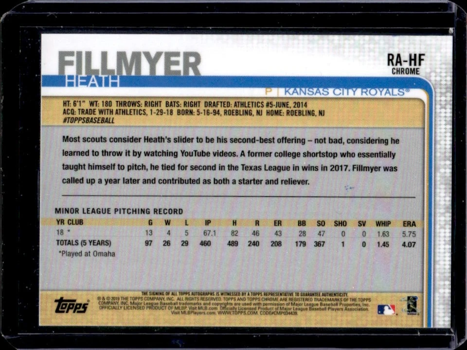2019 Topps Chrome Heath Fillmyer Rookie Auto Rookie #RA-HF Royals - Image 2 of 2