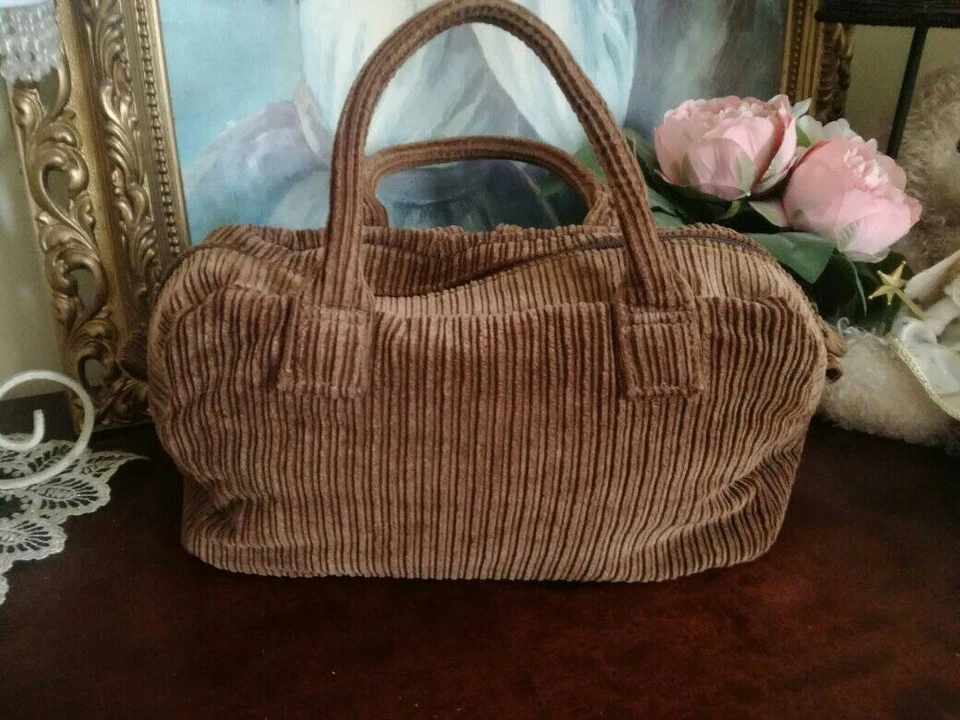 VINTAGE Y2K DOLCIS WOODLAND BROWN CORD TWIN HANDLE BAG BOWLING SHAPE HANDBAG - Image 4 of 4