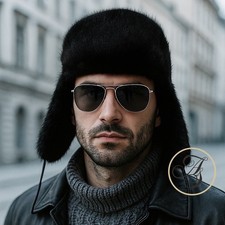 Cappello aviatore in visone nero con pelle nappa nera opaca, Uomo, NUOVO, Unisex