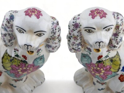 Tobacco Leaf Staffordshire Style Spaniel Dog Pair 9”T Granny Chic Southern  Home