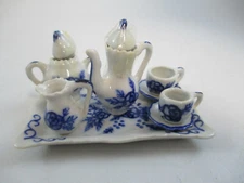 Vintage Dollhouse Miniature Tea Set Blue and White Porcelain NOS 8-Piece
