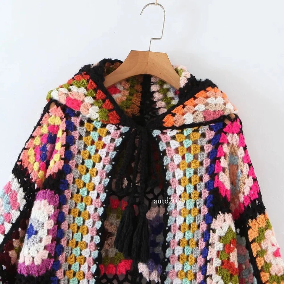 Womens Crochet Granny Square Handmade Cardigan Knit Long Rainbow Hooded Cardigan - Image 2 of 4