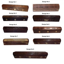 Wooden Carved Coffin Incense Burner Cone Holder Box 12" Hand Carved Brass Inlay