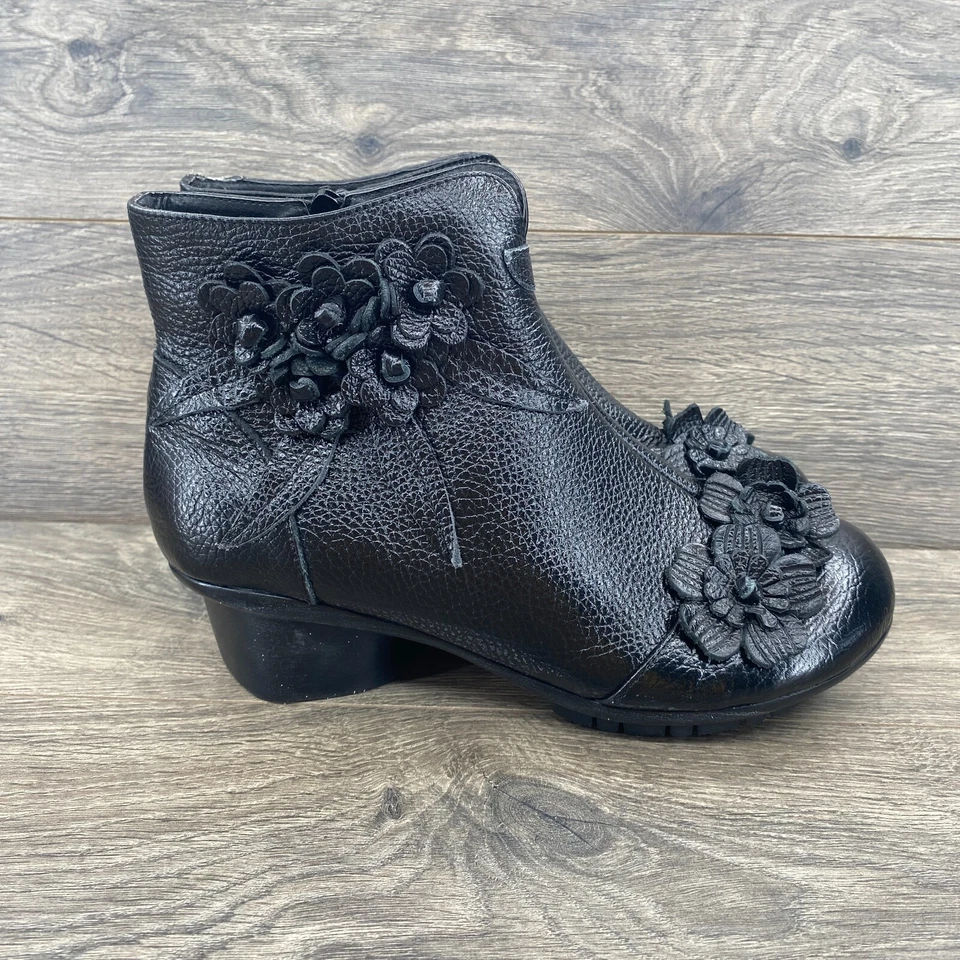 Botines de invierno retro con cremallera de cuero al tobillo flor vintage para mujer talla 8,5 negros Foto 2 de 4