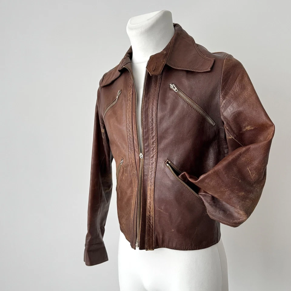1960-е винтажная европейская коричневая укороченная кожаная куртка Pilot размер S/M - Изображение 4 из 4