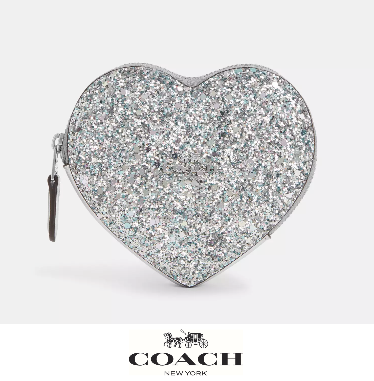 Coach Silver Glitter Heart Coin Case NWT