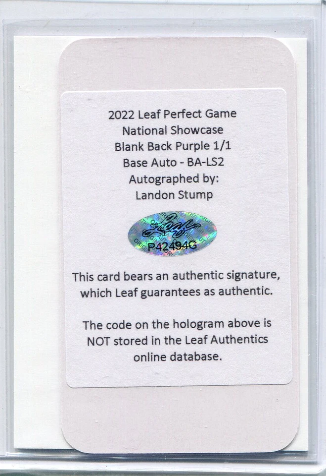 2022 Leaf Perfect Game Showcase Blank Back Purple Landon Stump Auto 1/1 - Image 2 of 2