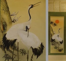 IK759 Japanese Hanging Scroll Cranes Turtles Pine Bamboo Plum Lucky Art Japan