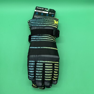 HURLEY Heat Block Water Resistant Black Stripes Snow Gloves Size S/M Snowboard