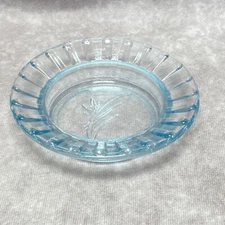 Vintage Clear Blue Glass Ashtray With Floral Etching & Fluted Rim Design USA