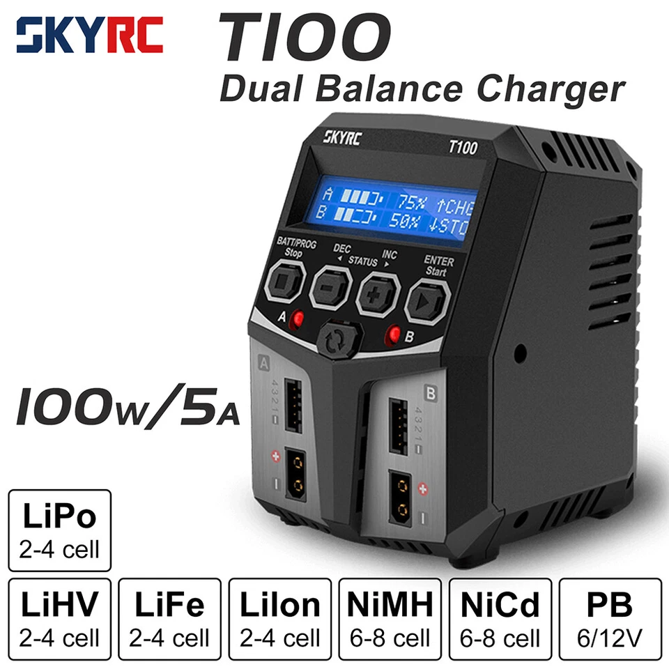 SKYRC T100 AC Lipo Akku Balance Ladegerät Dual 5A 2X50W 2-4S RC Auto Ladegerät - Bild 2 von 4