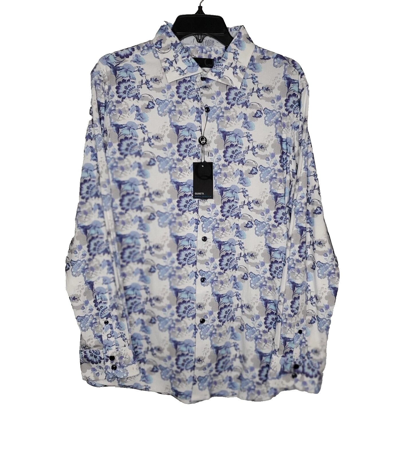 Quieti Mens Nova Stretch Long Sleeve Blue Floral Button Up Shirt SZ L Soft