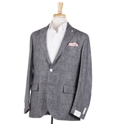 NWT $1050 LUIGI BIANCHI Light Gray and Black Check Wool-Linen Sport Coat 40 R