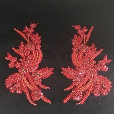 Sale Red Floral Bridal Dress Skirts Costume Applique Diamante Craft Motif 1 Pair