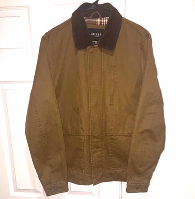 GUESS Men's Brown Jacket Size L Zip/Snap Spread Collar Lined Logo Accent