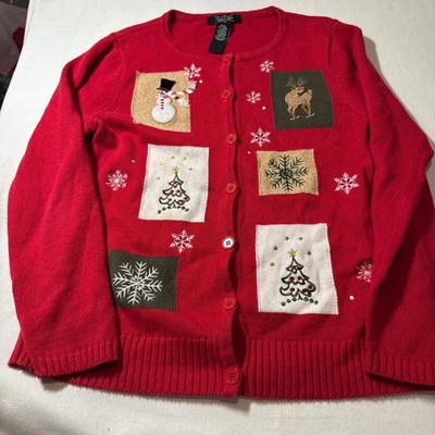 Crystal Kobe Red Grandma Christmas Sweater Snowman Reindeer Trees Snowflake M