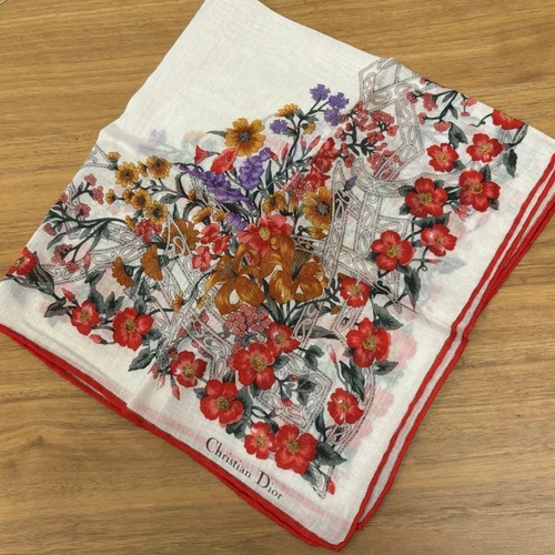 Mouchoir Christian Dior coton 45 cm 17" carré fleur blanc rouge