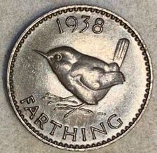 1938 UK British Farthing (1/4 penny) coin, King George VI