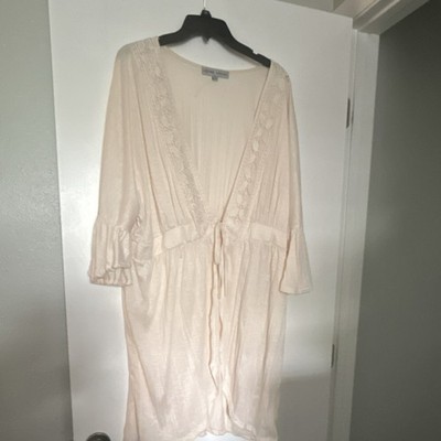 Absolutely Famous Ivory Lace Trim V-Neck Tie Robe 3/4 Sleeve 2X