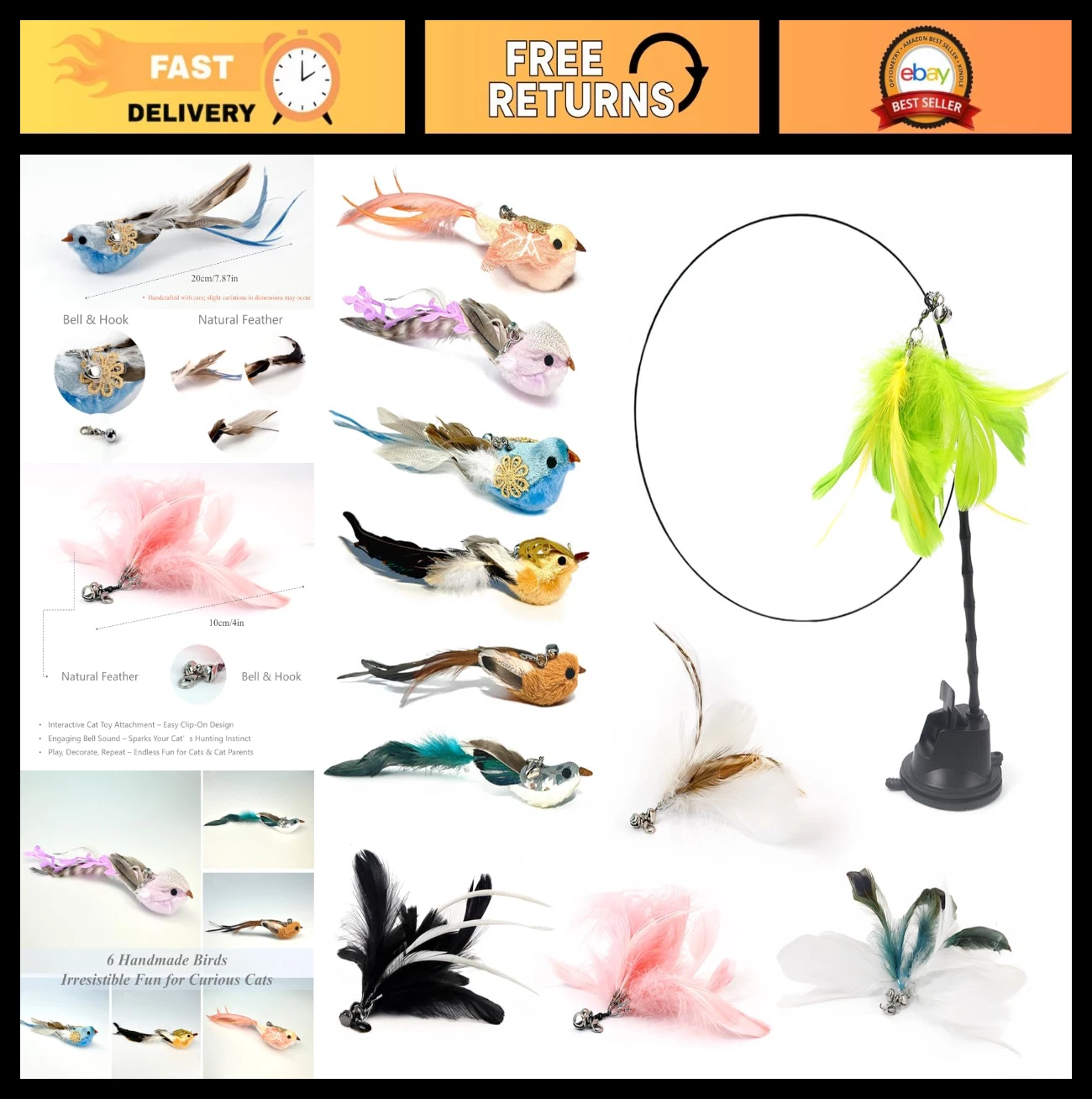 12PCS Cat Wand Toy Set - 2-in-1 Interactive Feather Teaser with Suction Cup & 11