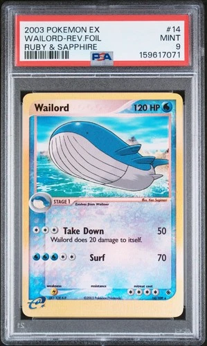 2003 POKEMON EX RUBY & SAPPHIRE #14 WAILORD-REVERSE FOIL PSA 9