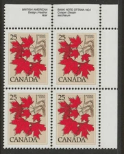 Canada #719, Tree, Sugar Maple, UR Block of 4, Plate #1, MNH 1977