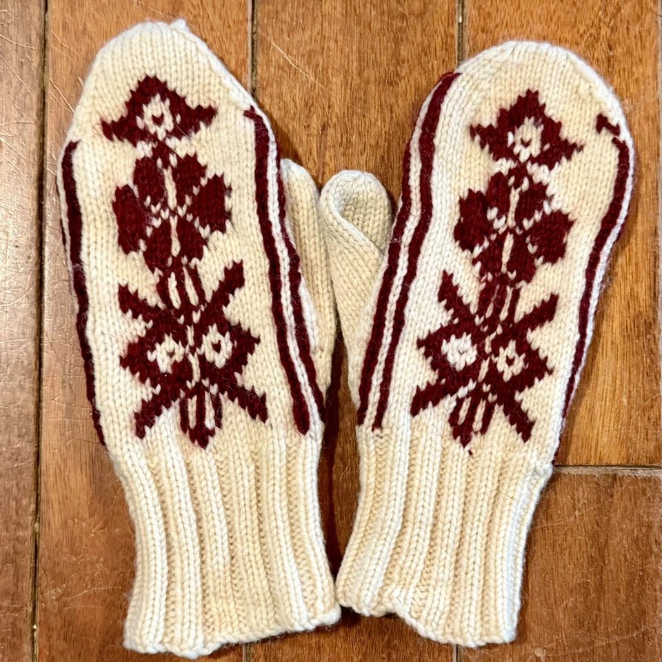 Vintage 1960s 60s MCM Hand Knit Alpine Norwegian Mittens Women Ivory Maroon - Image 3 of 4