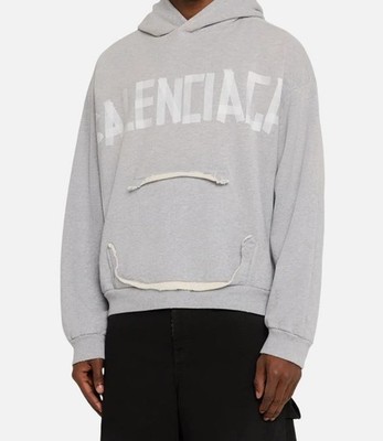 Balenciaga Unisex Adults Gray Destroyed Washed-Out Tape Logo Sweater Size XS