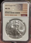 2019 Silver Eagle Ms70 First Day Betsy Ross Flag Core .999 No Reserve Free S&H