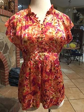 Apt 9 Blouse XLARGE Ruffle Orange Multi Unique Print Blouse