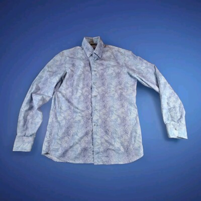 Signum Dress Shirt Men's Size Large Blue AOP Slim Cut Embroidered Brand Name