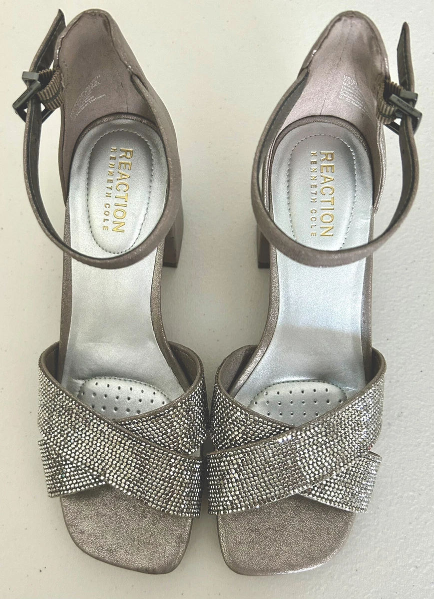 Kenneth Cole REACTION Women s Mix X Band Jewel Pewter Block Heel Sandal Size 7
