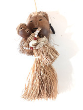 Tiki Coconut Shell Straw Grass Woman w/ baby Doll Papua New Guinea Souve