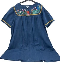 Go Softly Women's Denim Patio Dress 3X Peacock Embroidery Mumu Short Sleeve 