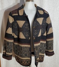 Geometic Aztec Wool Blend Jacket Sweater Coat Button Down Size Small Brown Black