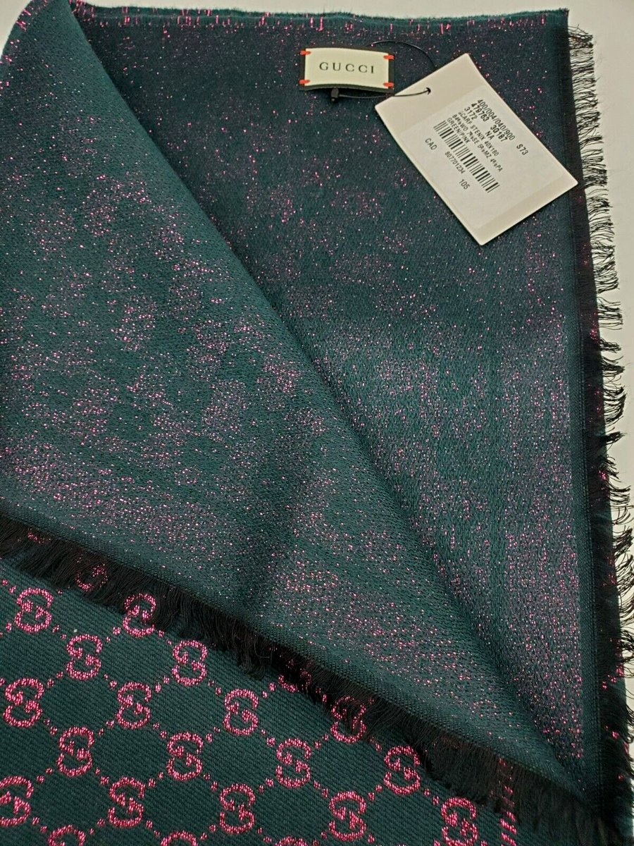 Gucci Logo Pattern Scarf Dark Green Pink Fringe Edge 479763 | eBay