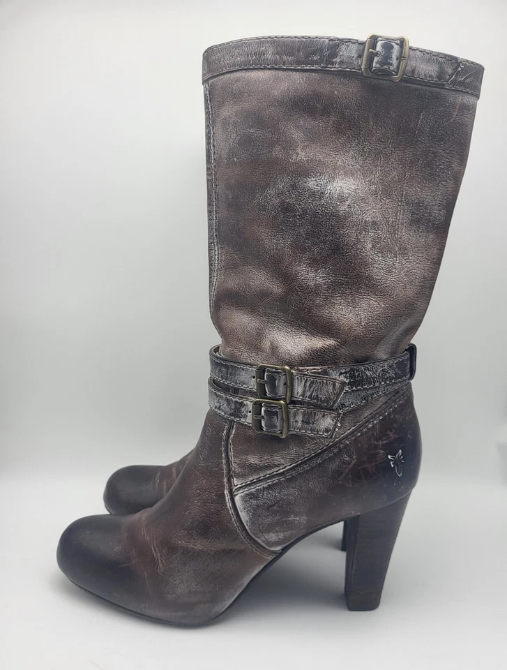 Frye Miranda Slouch High Heel Boots Size 8M Brown Leather Distressed Buckle Fall - Image 3 of 4