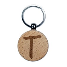 Letter T Uppercase Felt Marker Font Engraved Wood Round Keychain Tag Charm