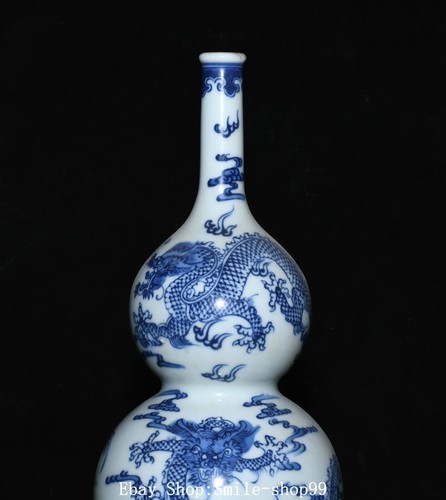 13.3" Kangxi Dynasty Blue White Porcelain Dragon Beast Animal Gourd Bottle Vase - Picture 2 of 12