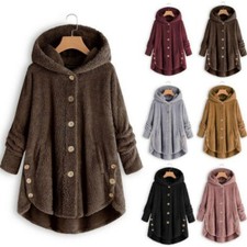 Women Hooded Coat Jacket Top Hoodies Fluffy Fleece Faux Fur Plush Button