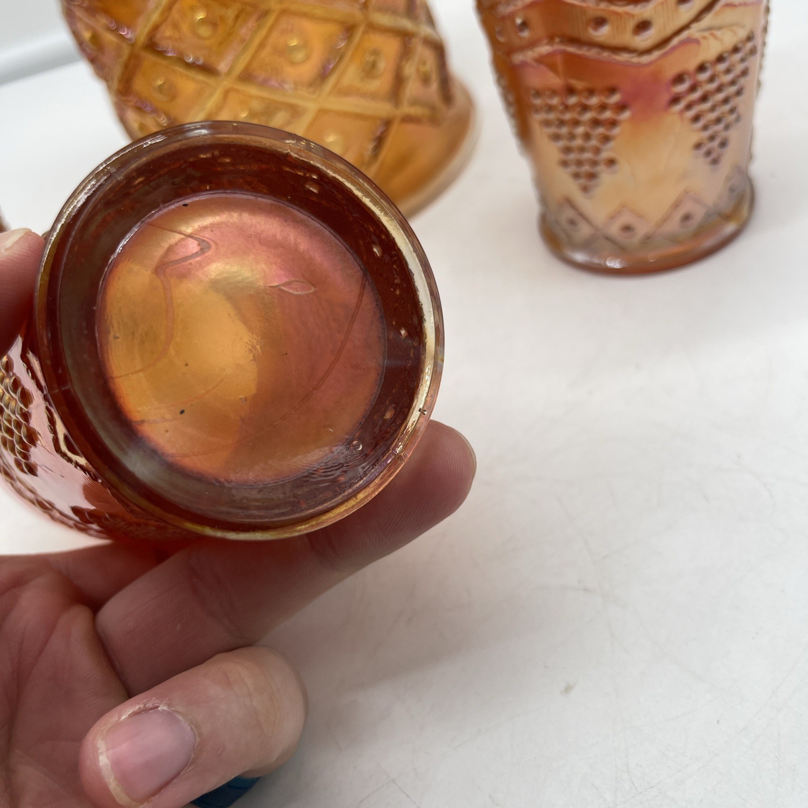 Fenton Marigold Carnival Glass Lattice & Grape Water Set Pitcher & 3 Tumblers