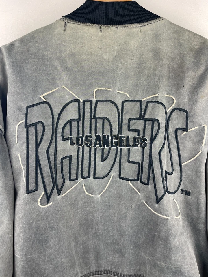 Vintage 90s NFL Los Angeles Raiders Embroidered Faded Silver Nylon Bomber Jacket - Image 4 of 4