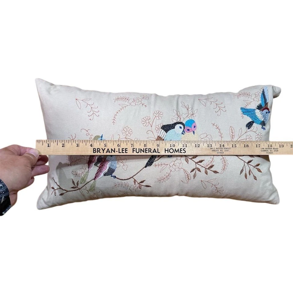 Embroidered Birds Lumbar Pillow Rustic nature living room decor bedroom - Image 2 of 4