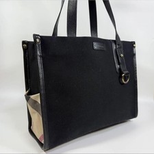 BURBERRY Nova Check Canvas Tote Bag Black Leather Large Authentic
