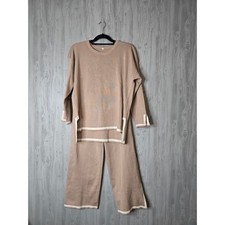 Womens M Tan Knit 2 Piece Matching Set Oversized Tunic Cropped Wide Leg Pants